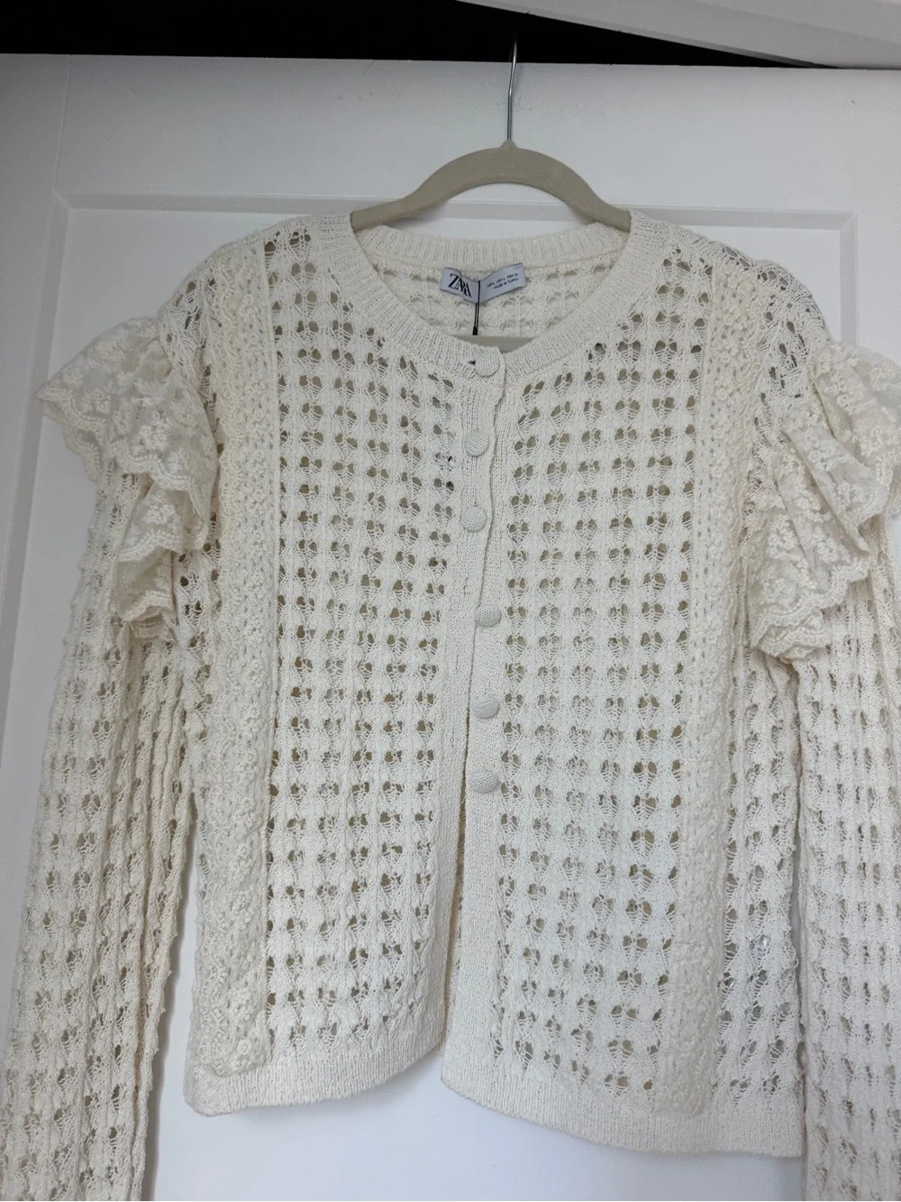 Zara Cream Openwork Ruffle-Sleeve Cardigan